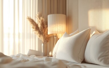 3D rendering of an abstract blur featuring a beautiful luxury white pillow on a bed complemented by a light lamp on wall decor within a bedroom interior background