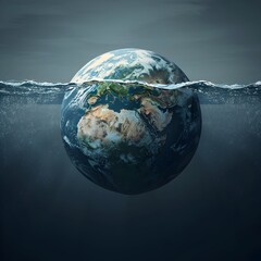 Fototapeta premium Partially Submerged Planet Earth Representing Climate Change Crisis Concept