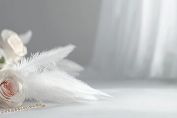 Serene Surreal Still Life on Soft White Silk Surface with Delicate Roses, Elegant Feathers, and Gold Chain in Ambient Light