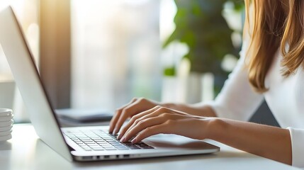 Woman Using Laptop in Bright and Airy Office Space
