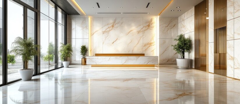 3D rendering of a modern hotel lobby interior featuring marble walls and floors emphasizing cleanliness and organization suitable for various concepts including office and hospital lobbies
