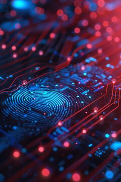 Closeup of digital fingerprint, blue and red circuitry, glowing nodes, hightech, abstract design