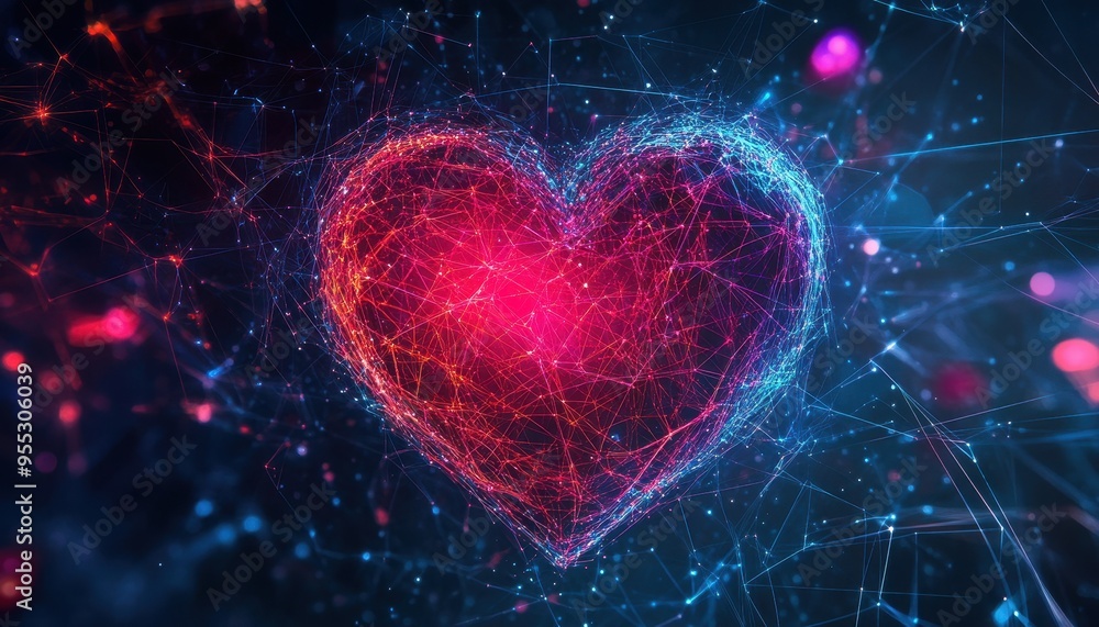 Poster technological heartbeat: conceptual illustration of glowing digital threads surrounding a heart symb