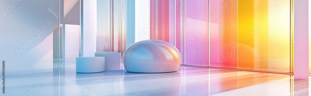 Poster 3d rendering of an abstract interior featuring white and colored gradient glass elements and a windo