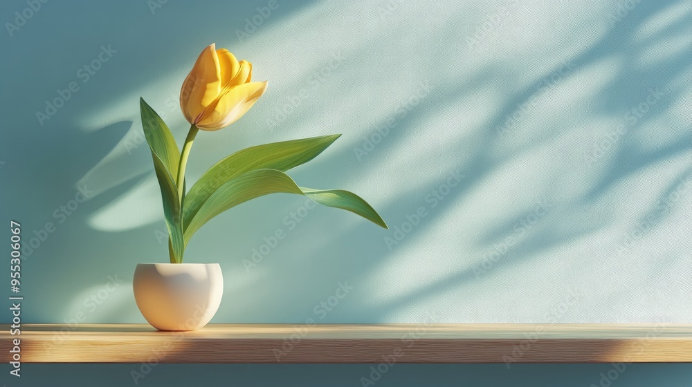 Poster 3d rendering of a yellow tulip on a shelf