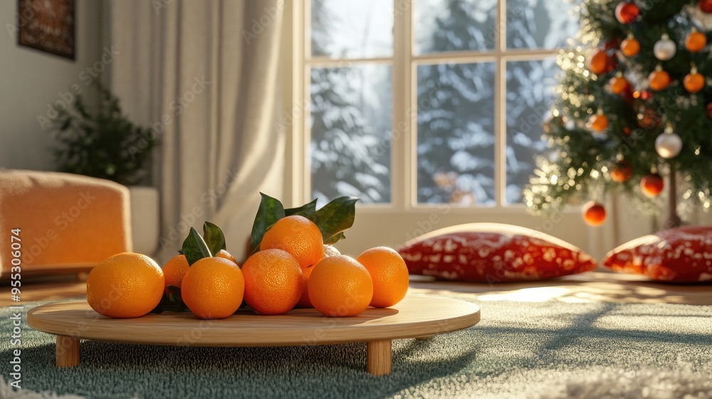 Poster 3d rendering of a coffee table featuring tangerines and cushions on the floor in a festive living ro