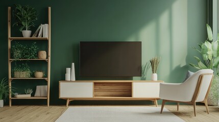 3D rendering of a Scandinavian living room interior featuring a wooden TV cabinet green wall and white armchair