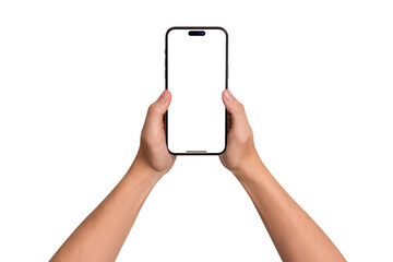 Hand holding smartphone with blank screen isolated on white background. Concepts for business finance, Concept technology, Concept product advertising and Concept marketing. Image high quality for you