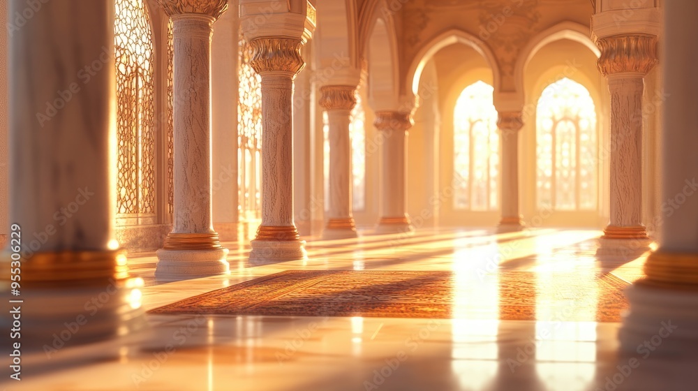 Poster 3d rendering of defocused mosque interior with pillars and windows ideal for diverse backdrop applic
