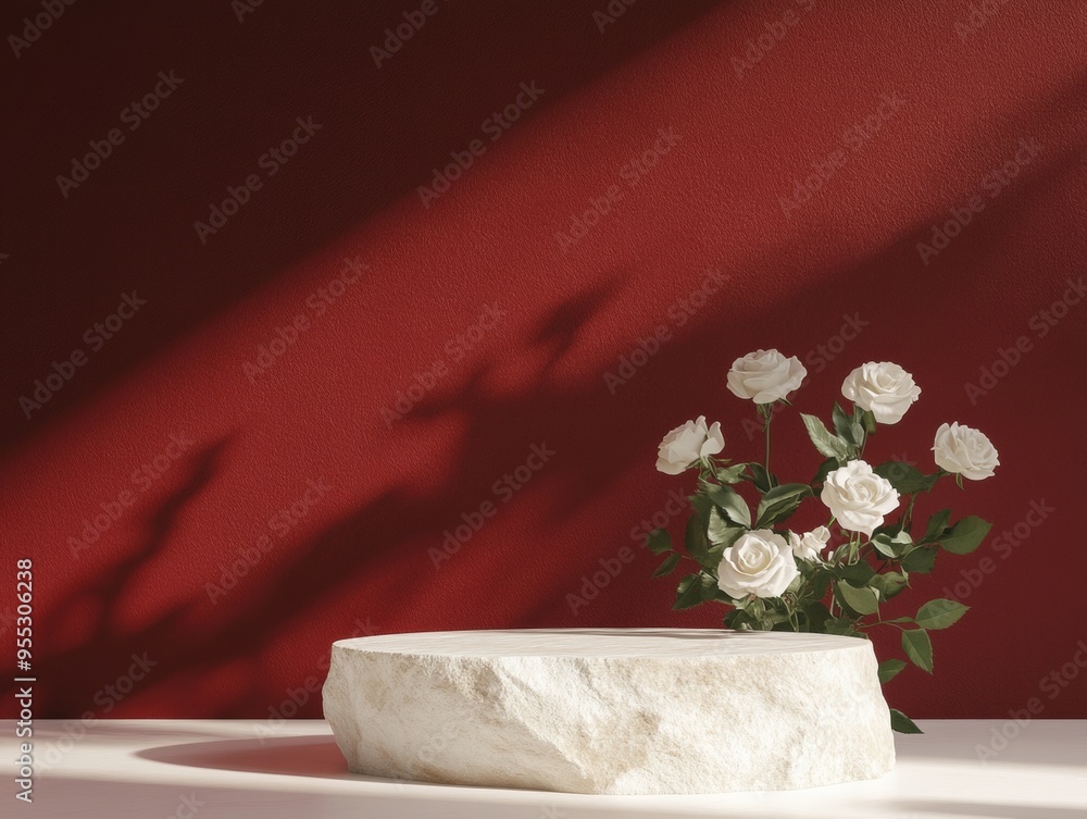 Poster Minimalist Stone Podium with White Roses Against Dark Red Background in Soft Diffused Light for Product Display Mockup