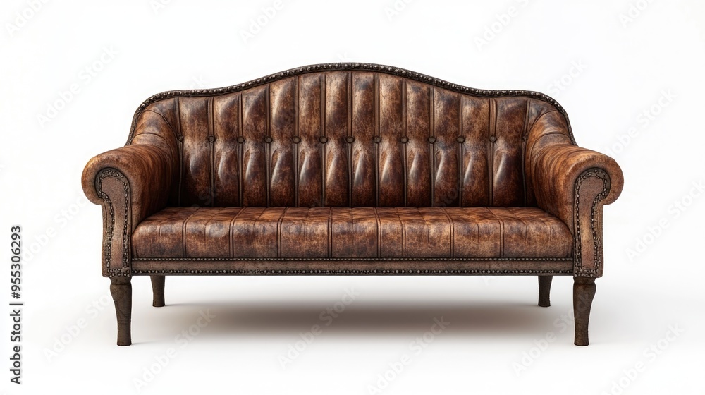 Poster 3d rendering of an old brown leather bench on a white background with ample copy space