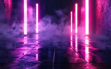 3D rendering of an empty background scene featuring dark street reflections on wet asphalt with neon light rays shapes and smoke creating an abstract dark atmosphere