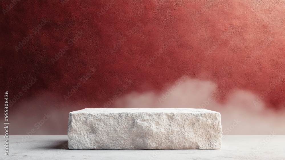 Poster minimalist textured stone podium in a serene, misty red background with spotlight effect for product