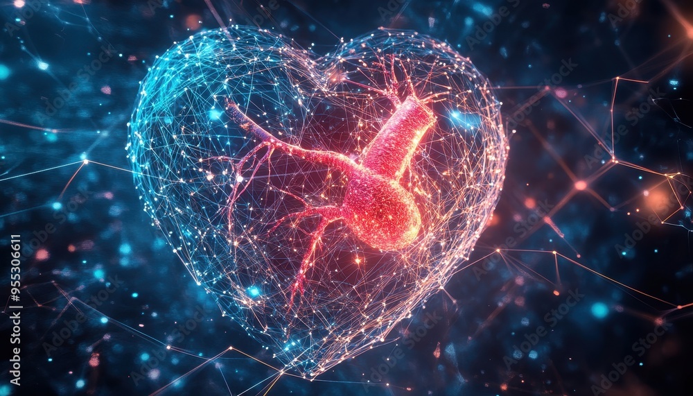 Poster innovative fusion: heart intertwined with glowing neural network signifying imagination and ai synth