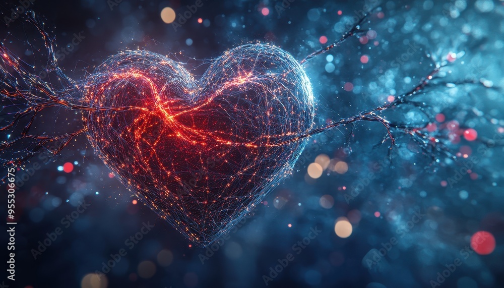 Poster envisioning the fusion: heart intertwined with glowing neural pathways in the intersection of imagin