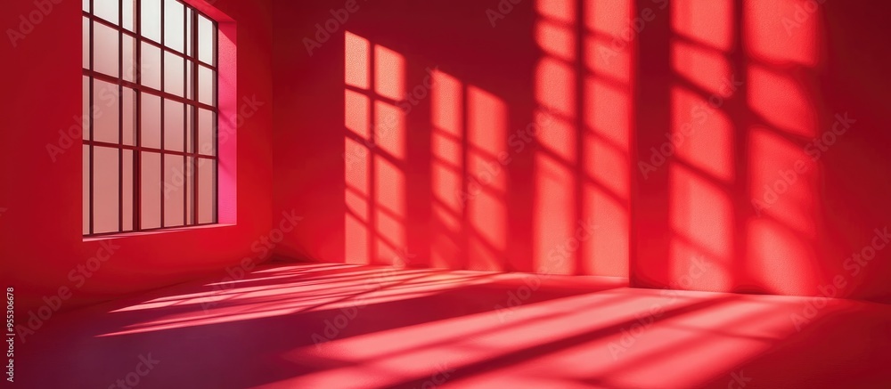 Poster 3d rendering of an abstract red studio backdrop for product presentation featuring window shadows fo