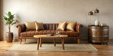 Brown daybed sofa and barrel accent chair in a cream colored room with a wooden coffee table, captured in a wide-angle shot