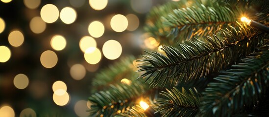 Closeup view of plastic pine leaves with a bokeh effect created by Christmas lights and a blurred background of a Christmas tree in a 3D rendering