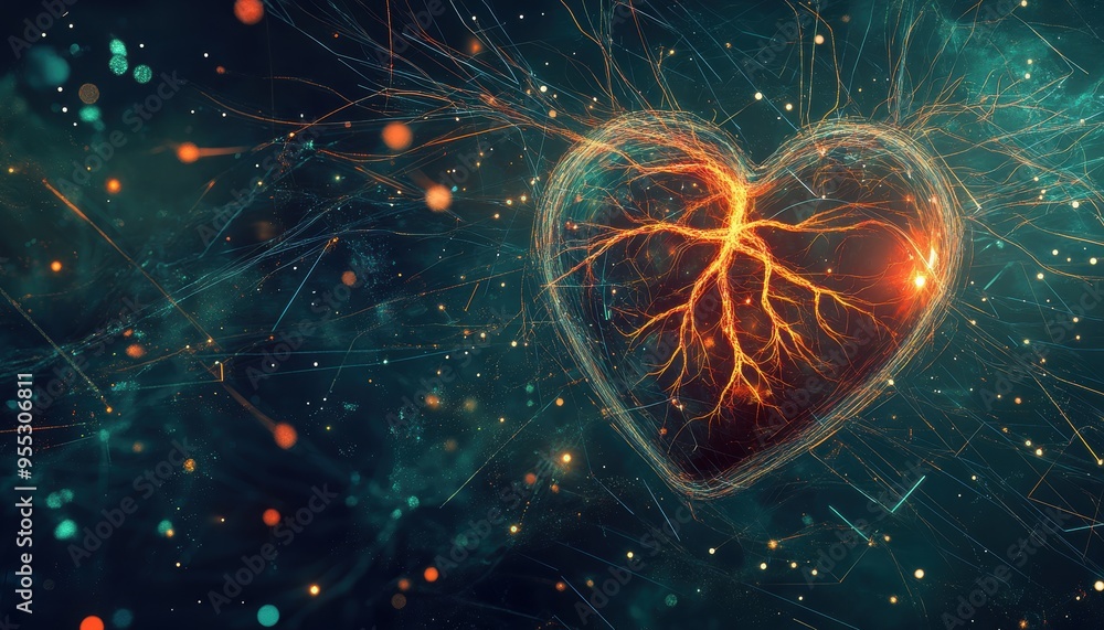Poster cybernetic heart: surreal fusion of glowing nerves and ai patterns representing creativity and techn