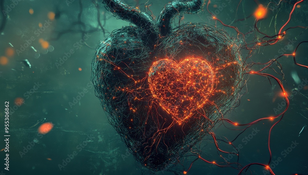 Poster heart of neural innovation - conceptual artwork symbolizing nervous system and ai integration