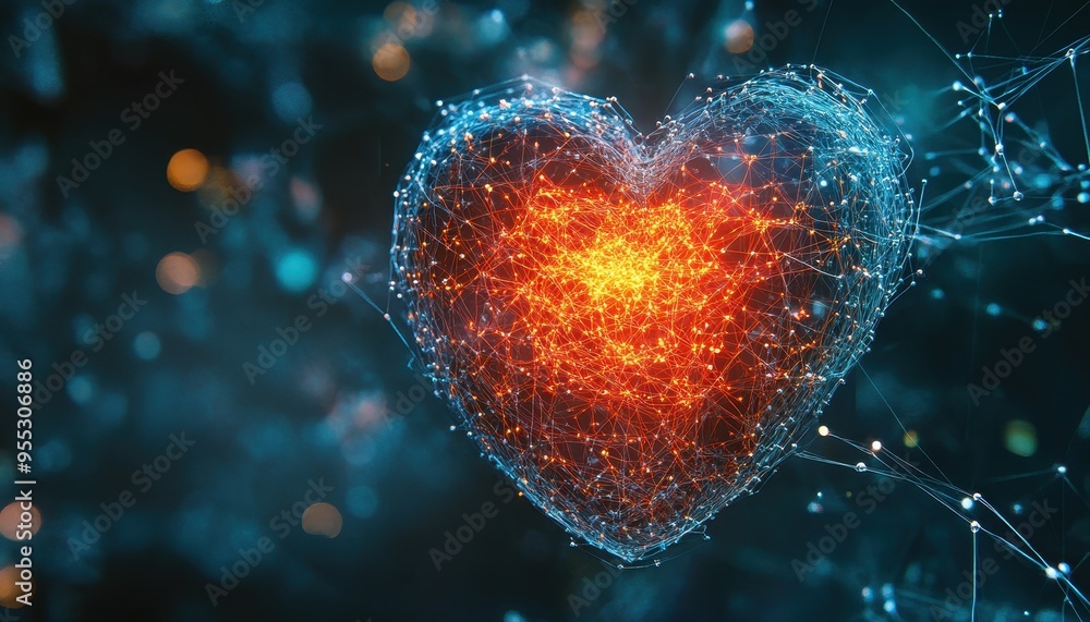 Poster heart of technology - surreal conceptual art of neural circuits enveloping a heart, symbolizing the 