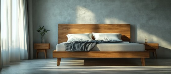 3D rendering of a wooden bed with mattress and bedding