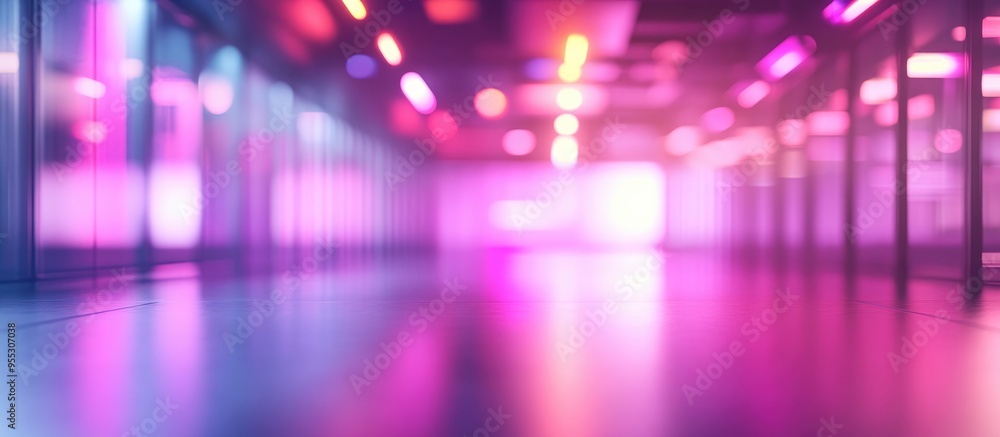Poster 3d rendering of a blurred spacious office with abstract light bokeh in the interior background