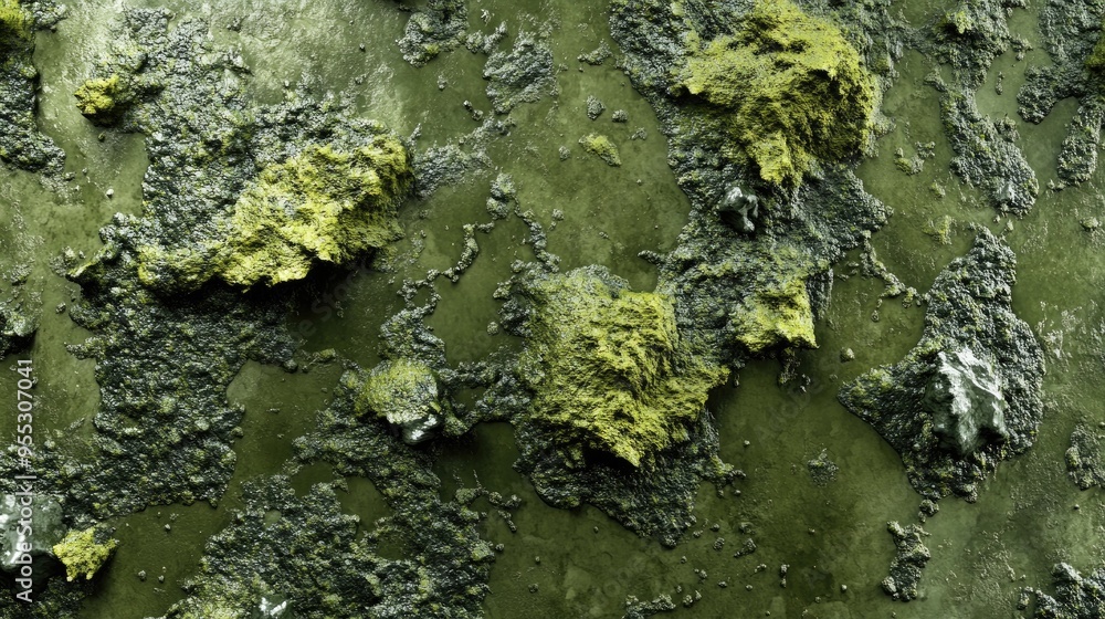 Poster 3d rendering of algae formation on a wall resulting from heavy rainfall featuring a macro perspectiv