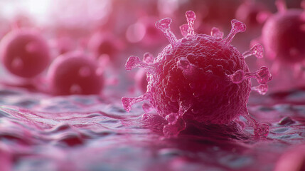 A highly detailed, 3D-rendered close-up of a virus, with glowing cells and intricate textures, representing a scientific concept or medical imagery