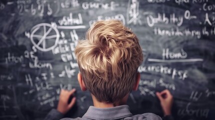 Young student solving complex math problems on a chalkboard