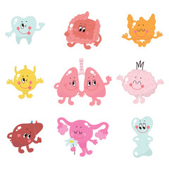 Cartoon internal organs. Funny stomach lungs brain liver bone and tooth. Cute characters of human body, childish mascots nowaday vector set