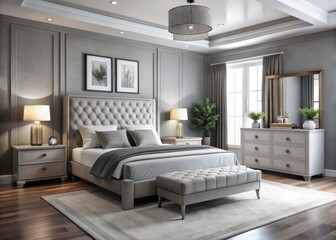 Obraz premium Sophisticated bedroom features stylish furniture in elegant grey and white hues, incorporating a plush grey bed, white