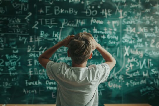 Overwhelmed student in front of complex math problems on chalkboard - Powered by Adobe