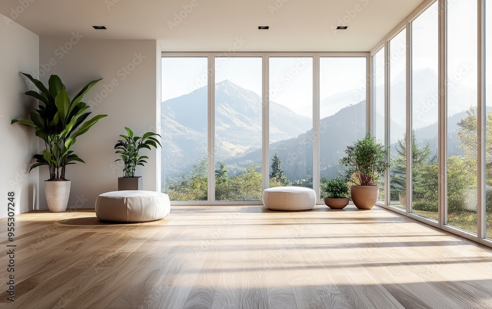Aufkleber 3d rendering of a modern apartment featuring a spacious empty living room with a large window