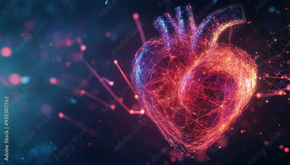 Poster futuristic heart concept with luminous fiber network - abstract design and ai elements