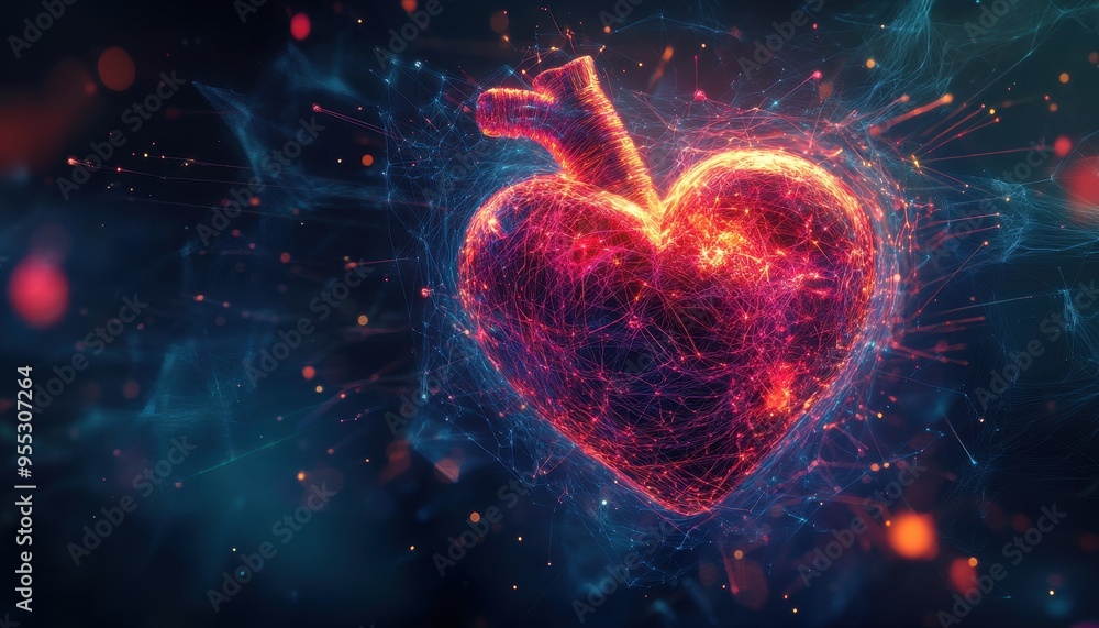 Poster illuminated futuristic heart concept with luminous fibers and ai integration