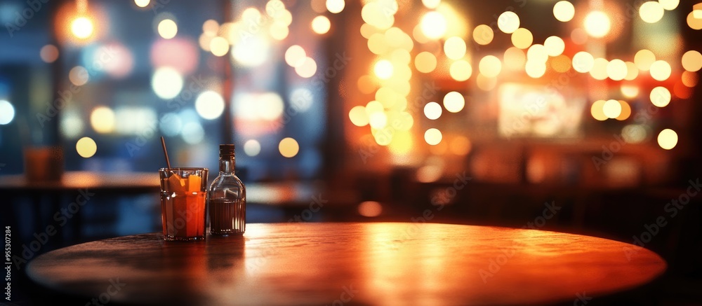 Poster 3d rendering of a vintage style cafe with a blurred abstract background featuring bokeh lighting