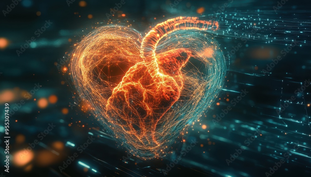 Poster elegantly futuristic heart concept with illuminated neural fibers - abstract ai technology design