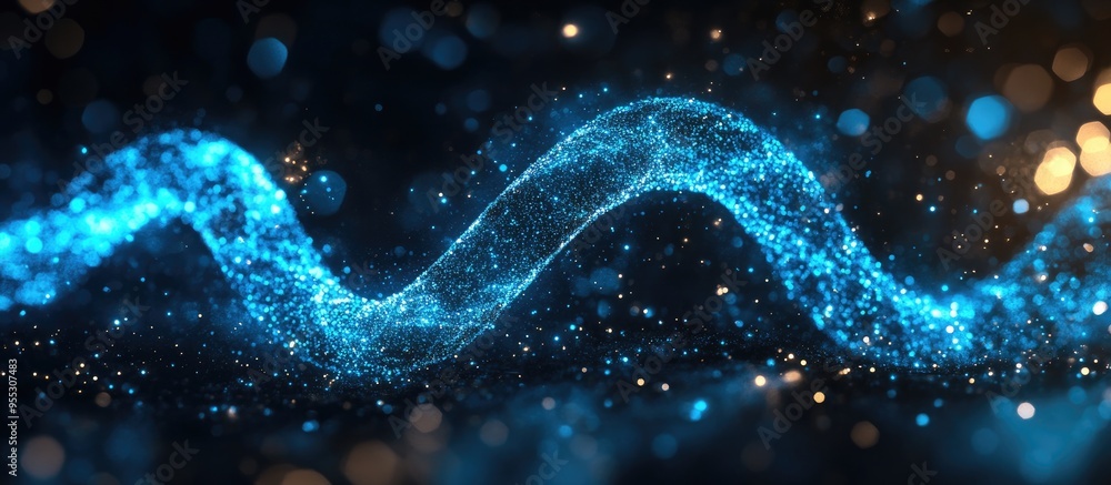 Poster Blue glowing infinity loop in space with bokeh 3D cartoon rendering computer generated abstract background