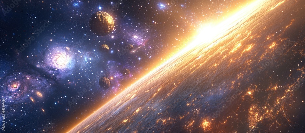 Poster space scene in a 3d cartoon rendering featuring a panorama of a star filled galaxy nebula and univer