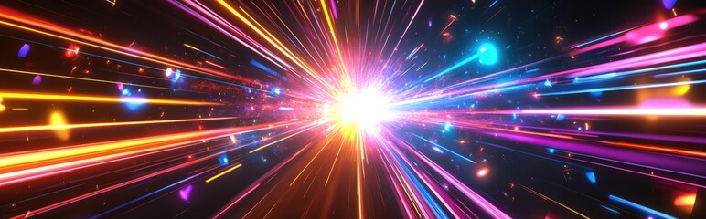 Naklejka premium Colorful neon background with abstract light and fibre optic effects in a 3D cartoon rendering depicting space travel at the speed of light