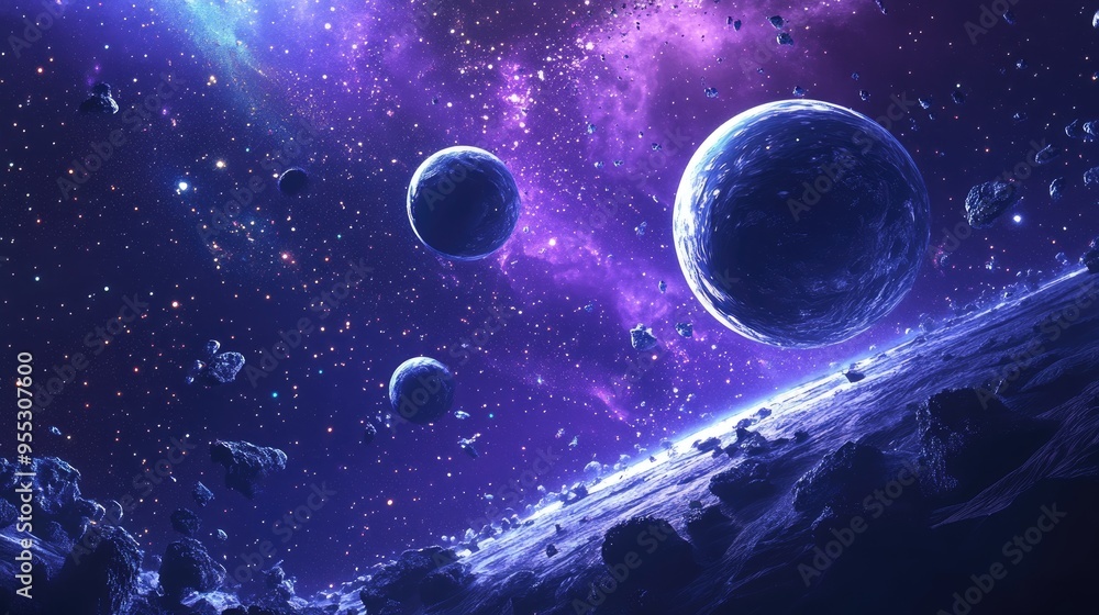 Poster deep space science fiction cosmos in a 3d cartoon style rendering