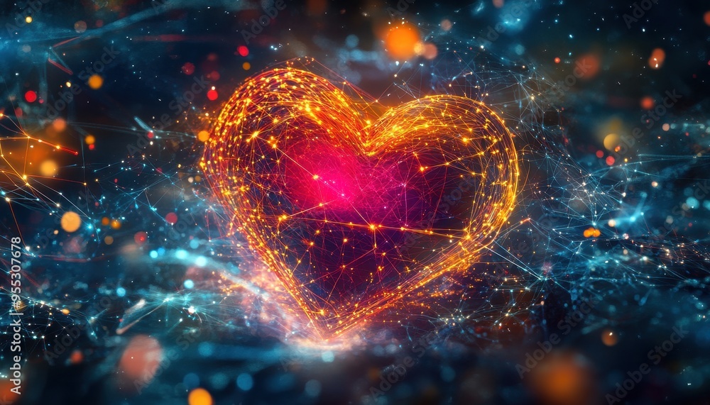 Poster techno-emotional fusion: heart enveloped in glowing neural networks