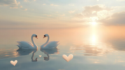 Fototapeta premium Two white swans in love, on the water with a sunset and hearts, in pastel colors,