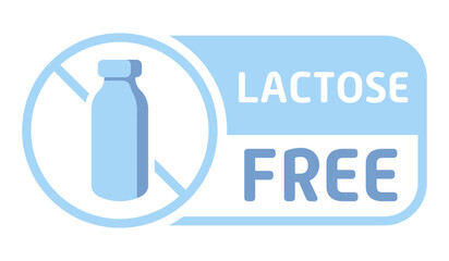 Lactose free label. Diet, drop, fermented milk product, lactase enzyme, intolerance, indigestion, digestive problem disorder, congenital, acquired, intestines, stomach, alternative, crossed out bottle