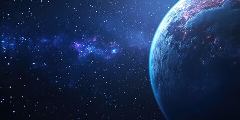 Cartoon rendering in 3D of a planet s stars and galaxy in open space