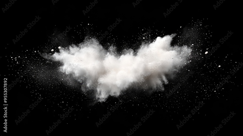 Poster White powder explosion on black background depicted in 3D cartoon rendering Abstract texture of white dust