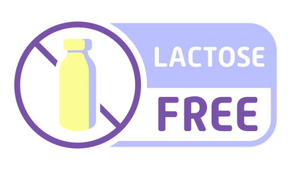 Lactose free label. Diet, drop, fermented milk product, lactase enzyme, intolerance, indigestion, digestive problem disorder, congenital, acquired, intestines, stomach, alternative, crossed out bottle