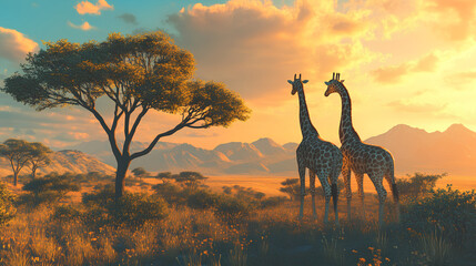  two giraffes in the savannah with an acacia tree.The sky is orange and yellow, with mountains visible in the background.