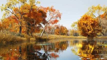 Autumn landscape, Riverbank with trees in full fall colors, Reflection of foliage in the water, Clear and crisp afternoon light, Calm and serene.